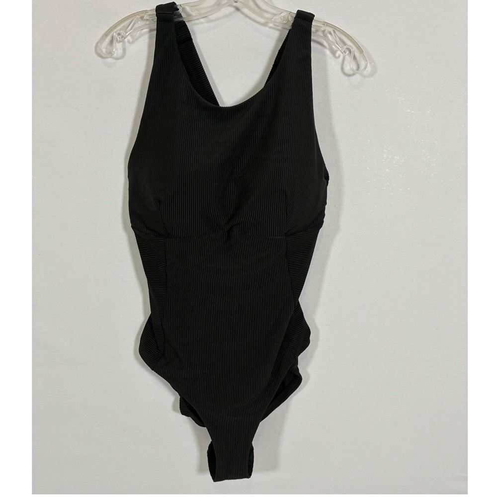Calia Women Black Ribbed One Piece Swimsuit Adjustable Cross Back Scoop Neck 16